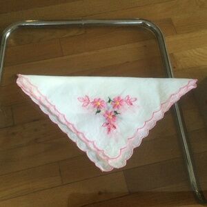 Vintage Linen Handkerchief with Hand Embroidered Flowers. 10” square